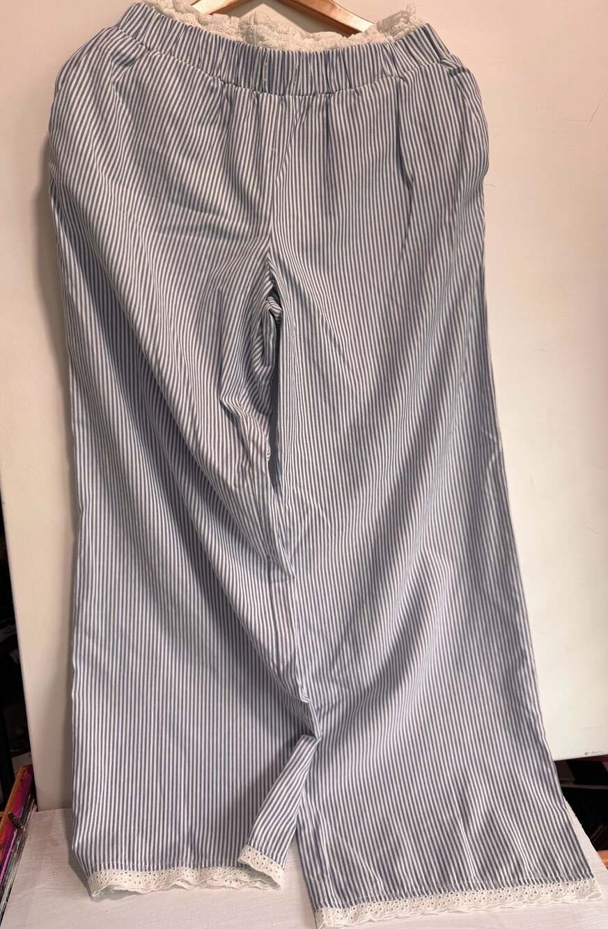 Le Lis Collection Blue and White Striped Wide-Leg Lounge Pants with Eyelet Lace